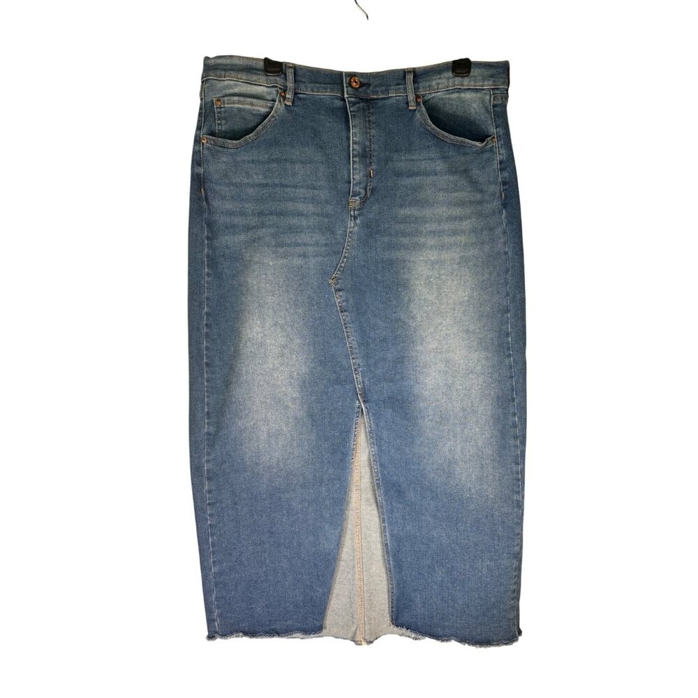 Nicole Miller Womens Denim Pencil Midi Skirt With Frayed Hem Front Slit